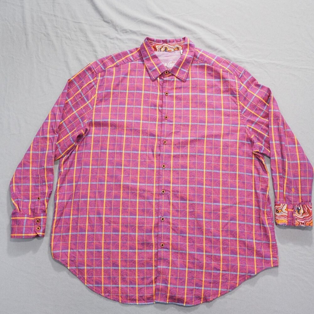 Robert Graham Shirt Men 2XL Pink Plaid Check Embroidered Flip Cuff Statement
